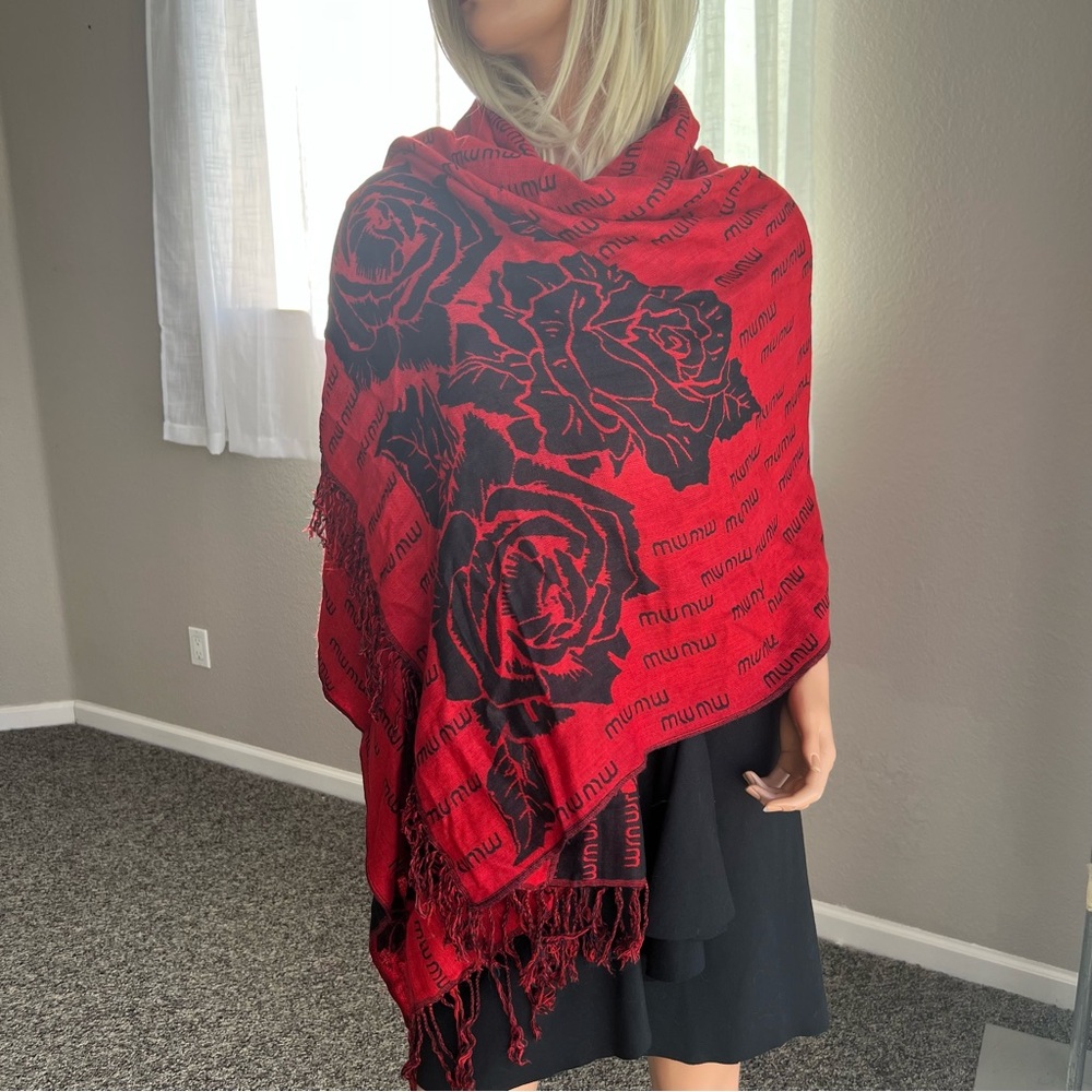 Miu Miu Red and Black Floral Scarf - as is - Picture 3 of 9